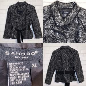 Sandro Sportswear Blk Gray Boucle Jacket Blazer with Belt XL